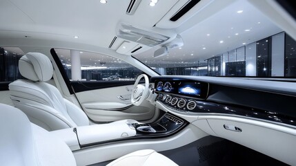 Luxurious car interior with white leather seats, modern dashboard, and ambient lighting.