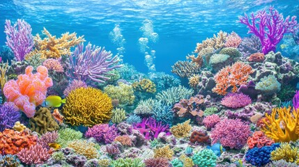 Vibrant underwater coral reef teeming with marine life.