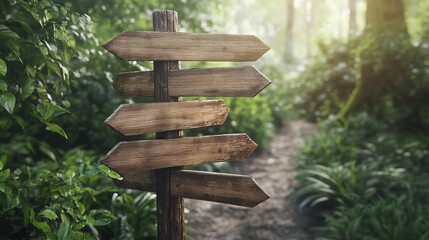 The simple wooden sign in a tranquil forest with wooden arrows pointing in different directions.
