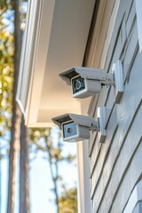 Two security cameras mounted on gray siding.