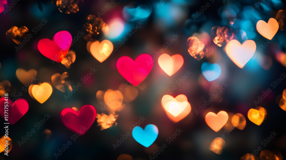 Poster Heart-shaped bokeh lights blending softly, creating romantic ambient background for love-themed design layouts