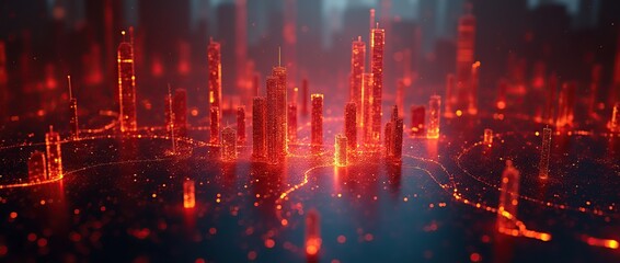 Obraz premium Abstract cityscape glowing red on a futuristic urban screen.