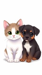 Obraz premium Cute Cat and Puppy Sitting Together