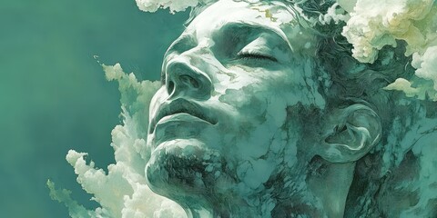 Surreal Artistic Representation of a Human Face Emerging from Otherworldly Clouds in a Dreamlike, Ethereal Composition Evoking Serenity