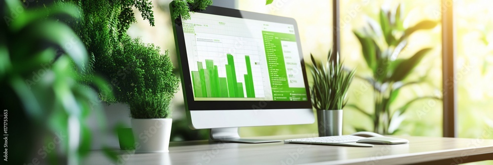 Poster Green graphs displayed on computer screen in an office with potted plants.