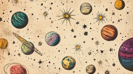 A solar system, with planets and stars on a beige paper background.