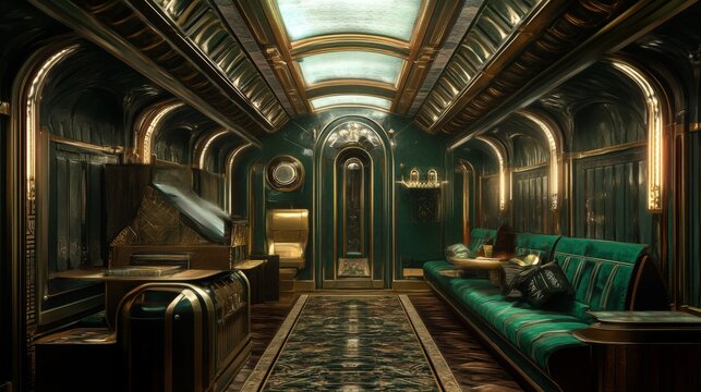 Luxurious vintage train car interior with emerald green walls, gold accents, plush seating, and Art Deco design.