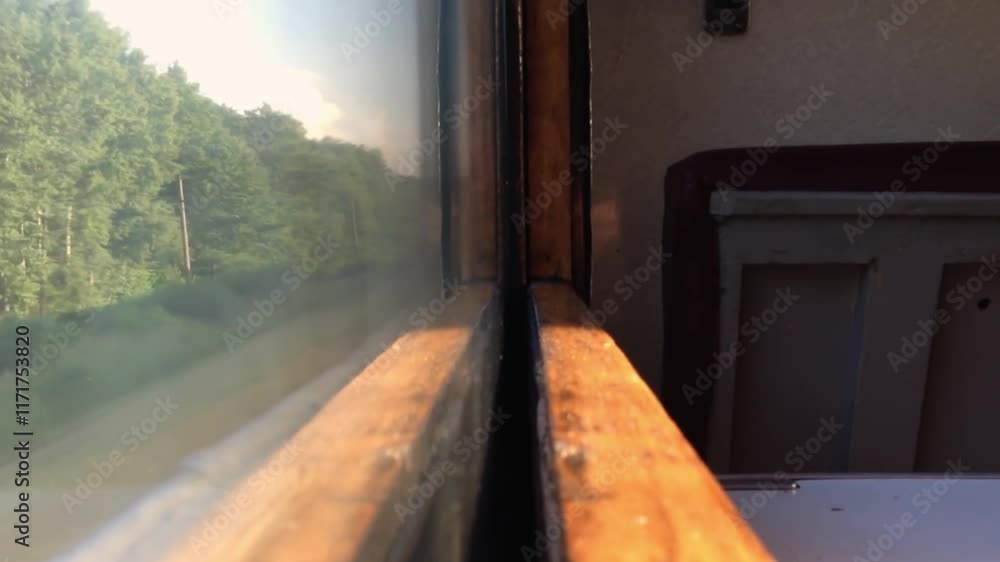 Poster window with a view of trees and a train. the window is wooden and has a view of the outside