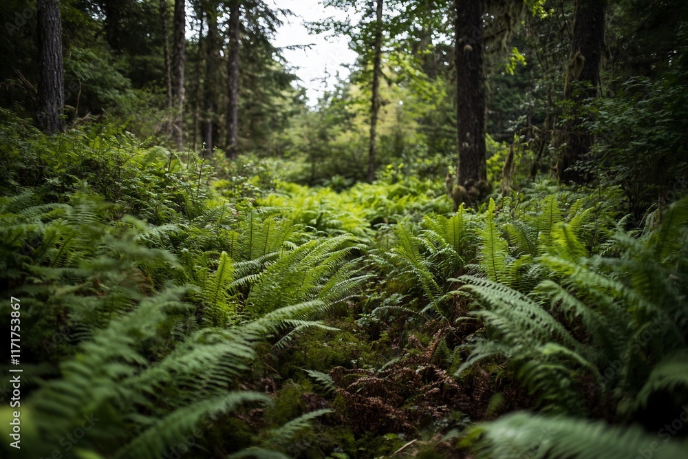 Poster lush green ferns fill a forest path, sunlight dappled through the trees.