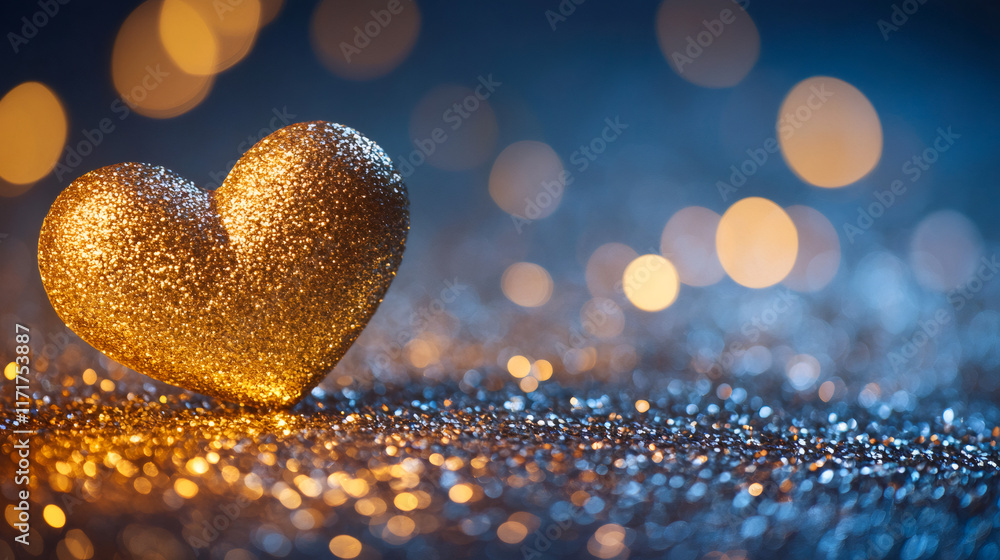 Aufkleber golden heart with glitter on a sparkling background with bokeh effect, perfect for valentine's day p