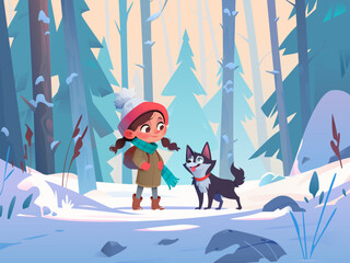 Cheerful child girl and husky dog in winter forest. Colorful snowy landscape with trees. Kid walking with pet. Childrens illustration. Pet lovers concept. Flat cartoon vector illustration © Andrew Care