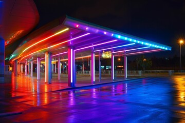 Neon-lit nighttime transit shelter, wet pavement.