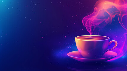 Steaming cup of coffee with vibrant neon lighting and abstract glowing smoke on a dark background