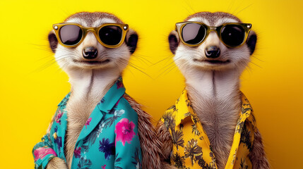 Two stylish meerkats wearing sunglasses and floral shirts posing against a vibrant yellow background