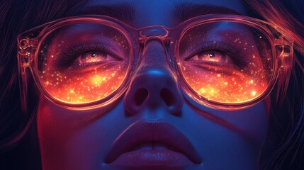 Vibrant Portrait of a Woman in Large Glasses Reflecting a Cosmic Nebula with a Warm Color Palette and Enhanced Features in a Stylized Artistic Rendering