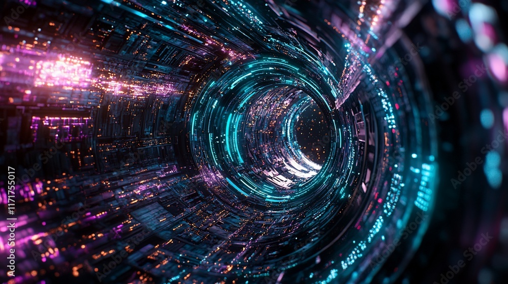 Aufkleber Abstract digital tunnel with glowing neon lights and intricate circuitry.