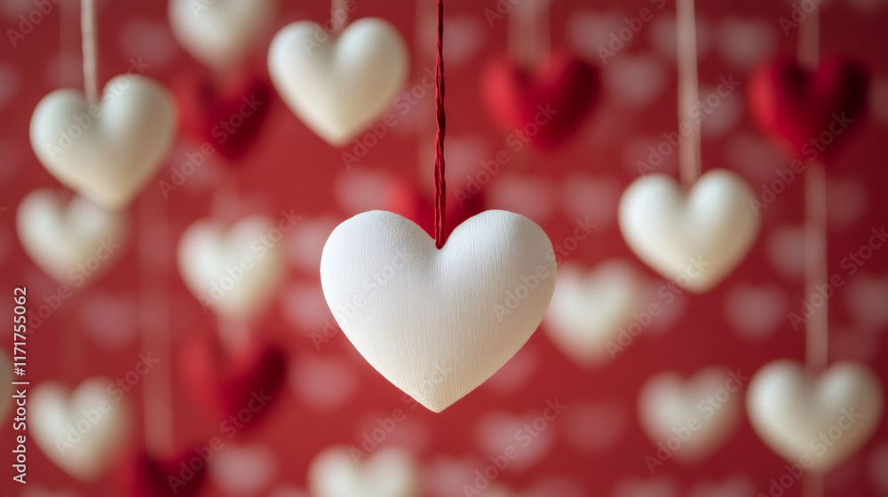 Poster valentine's day decoration with hanging hearts on a red background with small hearts pattern