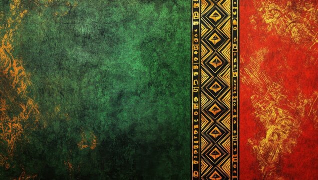Red and black African pattern background with a green border, a horizontal banner template for design use Red, black, and green African pattern background with a golden glow Generative AI