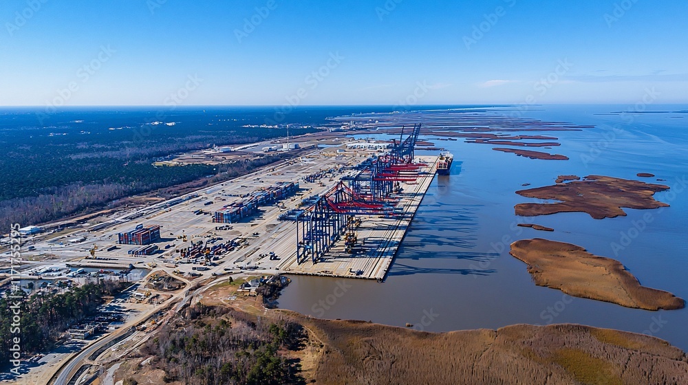 Poster aerial view of a large cargo port with container ships, cranes, and surrounding landscape.
