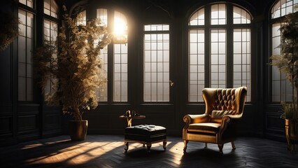 Dark black room interior with a classic gold armchair. Natural sunlight streams through large windows.