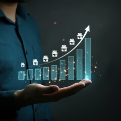 Business executive, holographic financial chart, upward trend, glowing arrow, dark background, blue suit, hands cupping projection, futuristic interface, corporate success visualization, digital growt