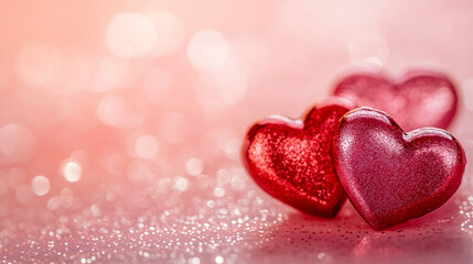 Fototapeta premium Glittering red hearts sparkling against soft pink bokeh, representing romantic emotions and Valentine's Day sentiment