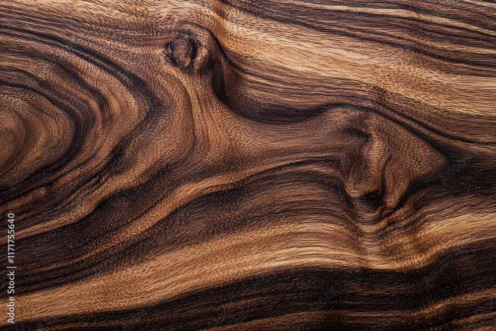 Poster close-up of dark brown wood grain texture with swirling patterns and knots.