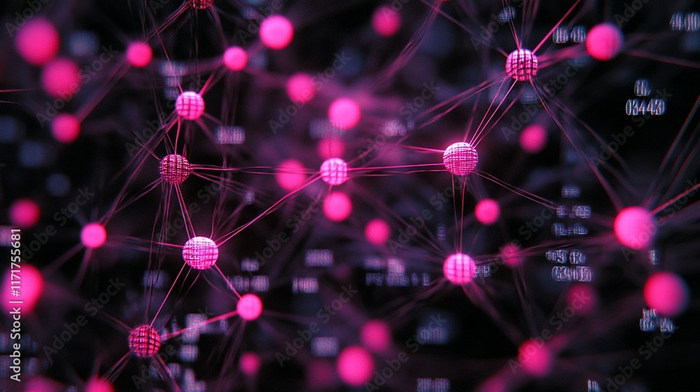Aufkleber Abstract network visualization with glowing pink nodes and connecting lines, data points in the background.