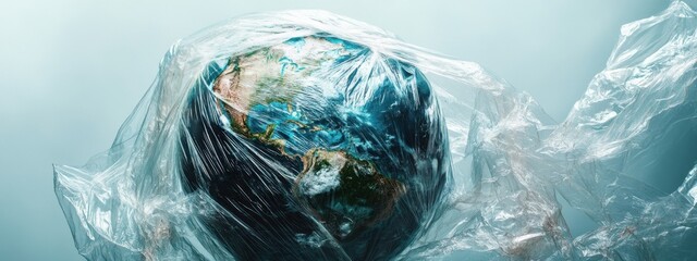 Symbolic portrayal of Earth suffocated in plastic wrap highlighting the urgent issue of environmental pollution and its impact on the planet's future
