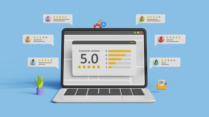 Customer feedback, user experience, client rating or review. Online survey and opinion, evaluation, product and services feedback concept. 3D laptop screen with 5 stars rating and users comments