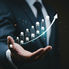 Business executive, holographic financial chart, upward trend, glowing arrow, dark background, blue suit, hands cupping projection, futuristic interface, corporate success visualization, digital growt