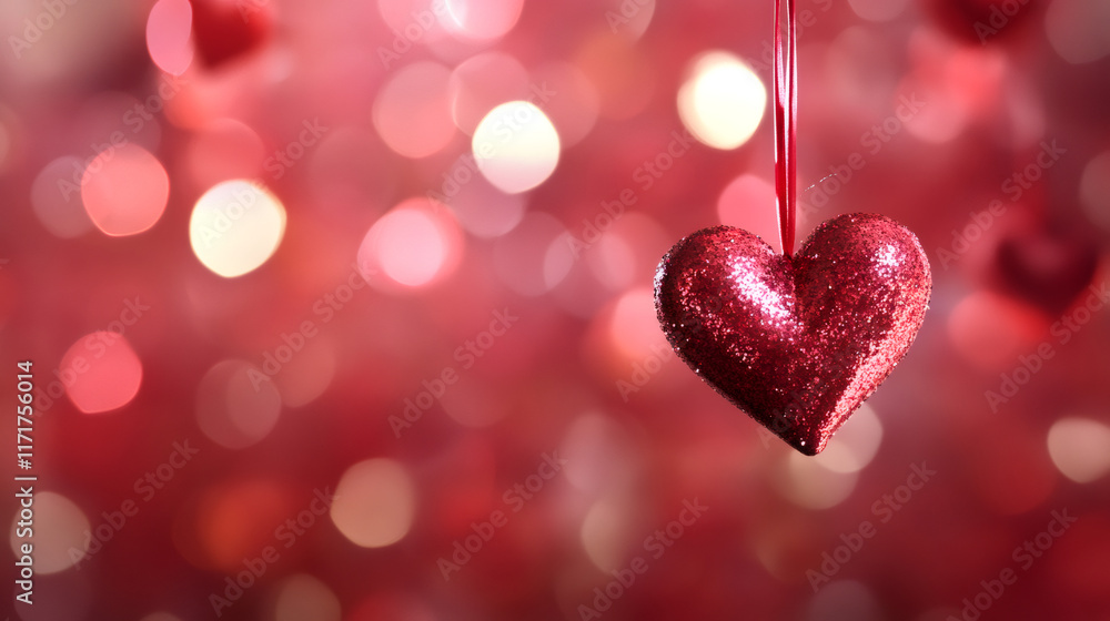 Aufkleber red glittery heart hanging against a blurred red background with bokeh, perfect for valentine's day 