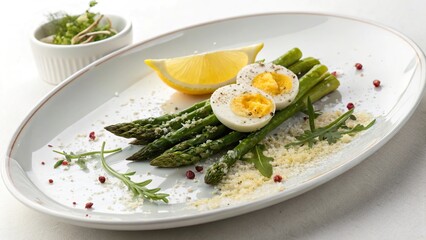 Freshly plated minimalist salad featuring asparagus, boiled eggs, and a hint of lemon zest for vibrant flavor