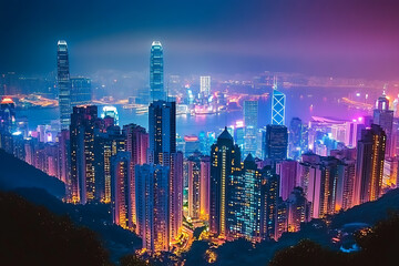 Fototapeta premium A futuristic neon cityscape with glowing skyscrapers, vibrant lights, and a misty atmosphere, creating a captivating setting ideal for sci-fi themes and tech visuals.