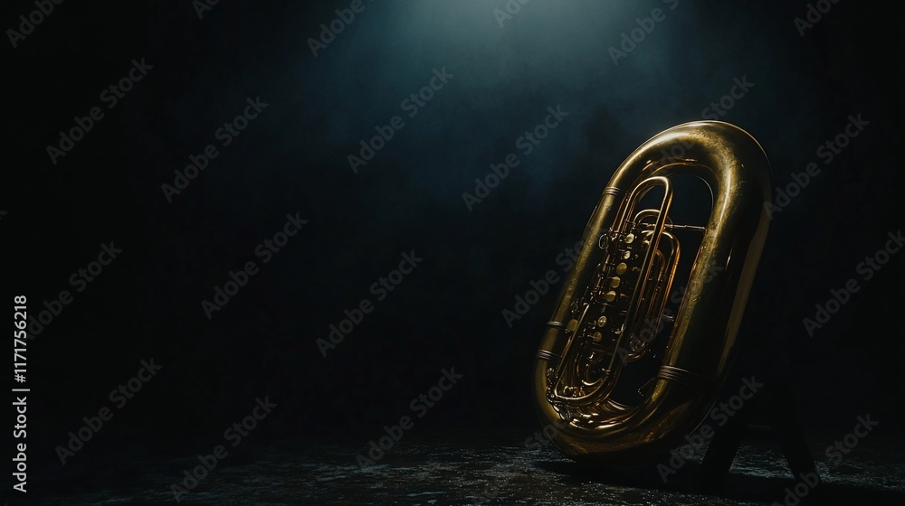 Poster a golden tuba rests on a dark, textured surface, illuminated by a soft light.