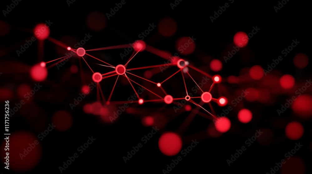 Poster Abstract red glowing network nodes and connections on a black background.