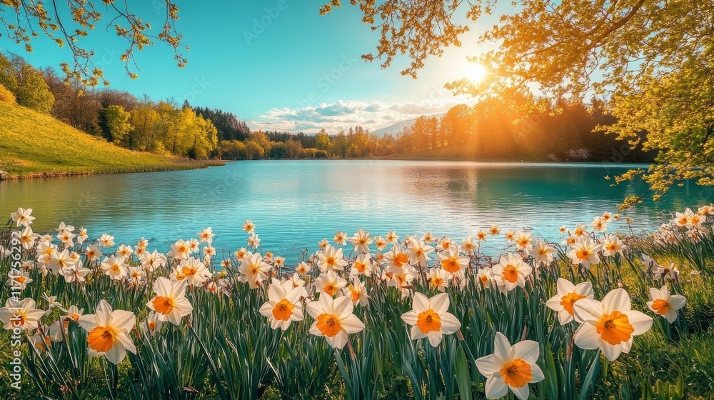 Poster spring landscape illustration, dreamy spring scene daffodils swaying by a sparkling lake under a blu