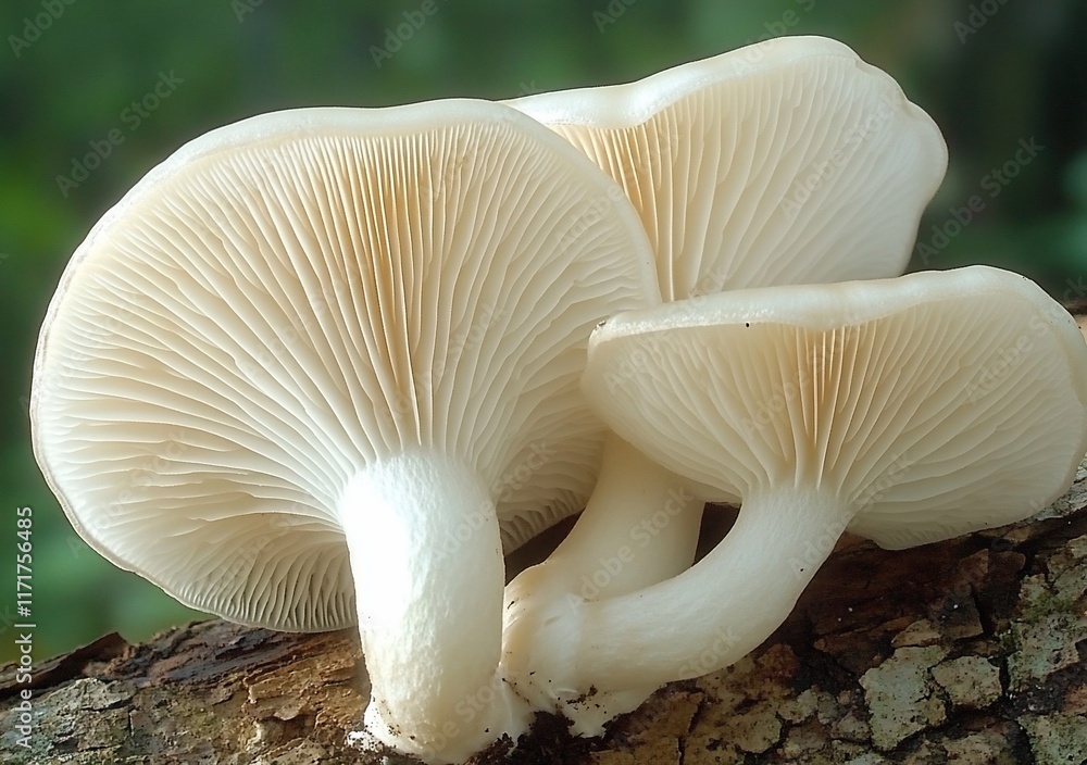 Aufkleber close-up of three creamy white mushrooms growing on a tree trunk in a forest.