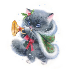 Watercolor illustration of a New Year's Christmas kitten in a fancy fur coat playing the trumpet