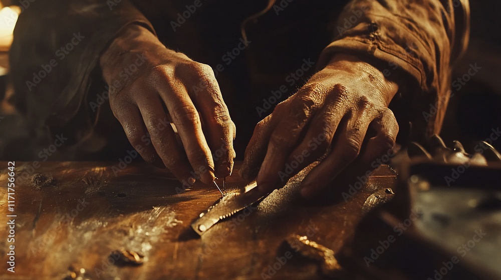 Aufkleber Close-up of dirty hands meticulously working on a metallic object with a sharp tool on a wooden surface.