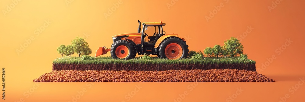 Poster miniature tractor on a small patch of land with trees.