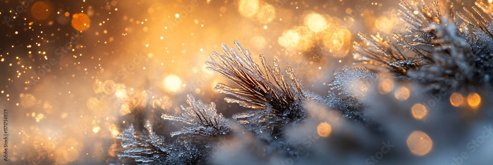 Aufkleber close-up of frost-covered pine needles with bokeh background.