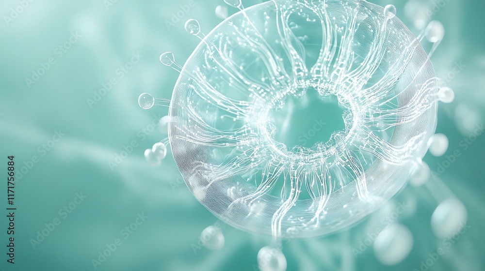 Fototapete Abstract microscopic view of a translucent cell with flowing structures and bubbles on a teal background.