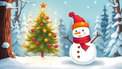 Cute Snowman with Christmas Tree in Snowy Forest