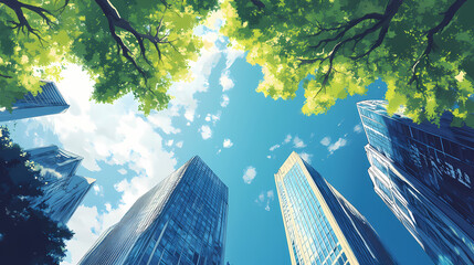 Design an abstract cityscape wallpaper featuring skyscrapers reaching towards a blue sky, symbolizing economic growth. Treetop. Illustration