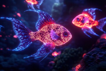 Fototapeta premium Bioluminescent fish with intricate fractal patterns, their glowing bodies creating a mesmerizing display in deep sea trenches.