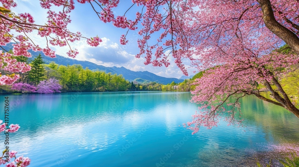 Poster a tranquil scene of cherry trees in full bloom by a sparkling lake under a clear spring sky, perfect