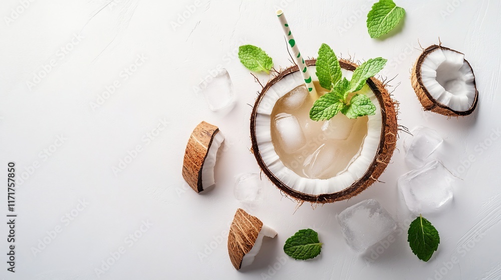 Poster refreshing coconut water drink in coconut shell with ice and mint on white background.