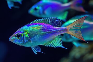Fototapeta premium Brilliantly colored fish with iridescent fins, their bodies flickering with vibrant blue and green hues.