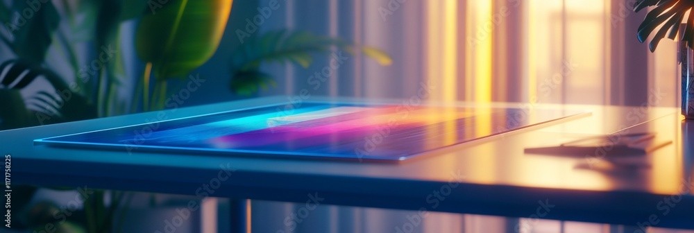Poster futuristic tablet with vibrant display on table.